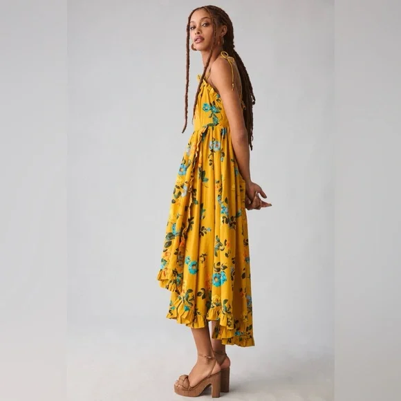 Anthropologie Maeve Maxi Dress High-Low Pleated Boho Yellow Floral Sz 14 - Picture 4 of 9